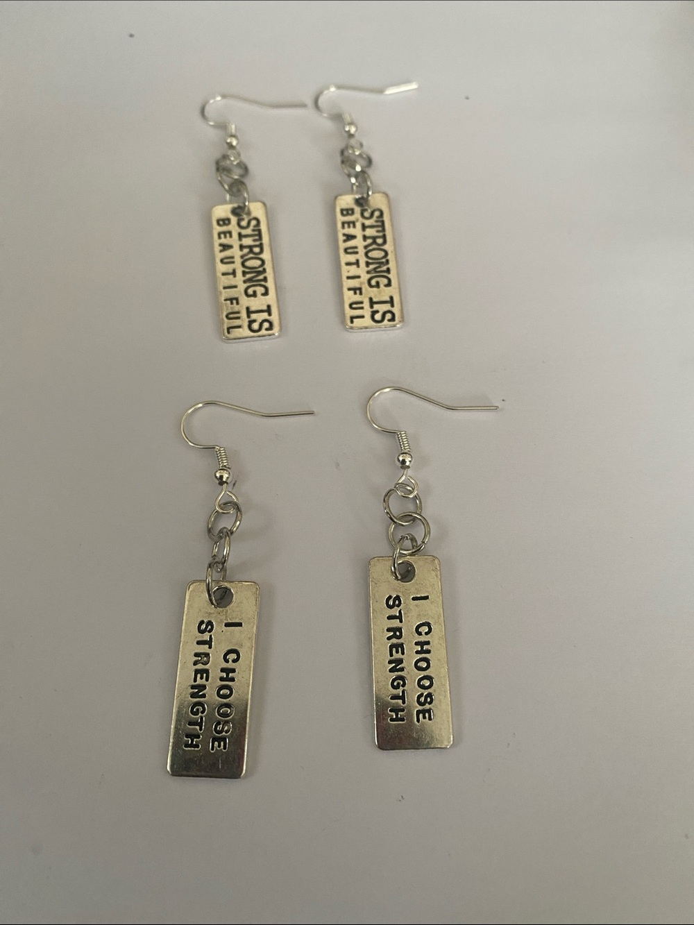 Silver 'Strong Is Beautiful' & 'I Choose Strength' Inspirational Dangle Earrings